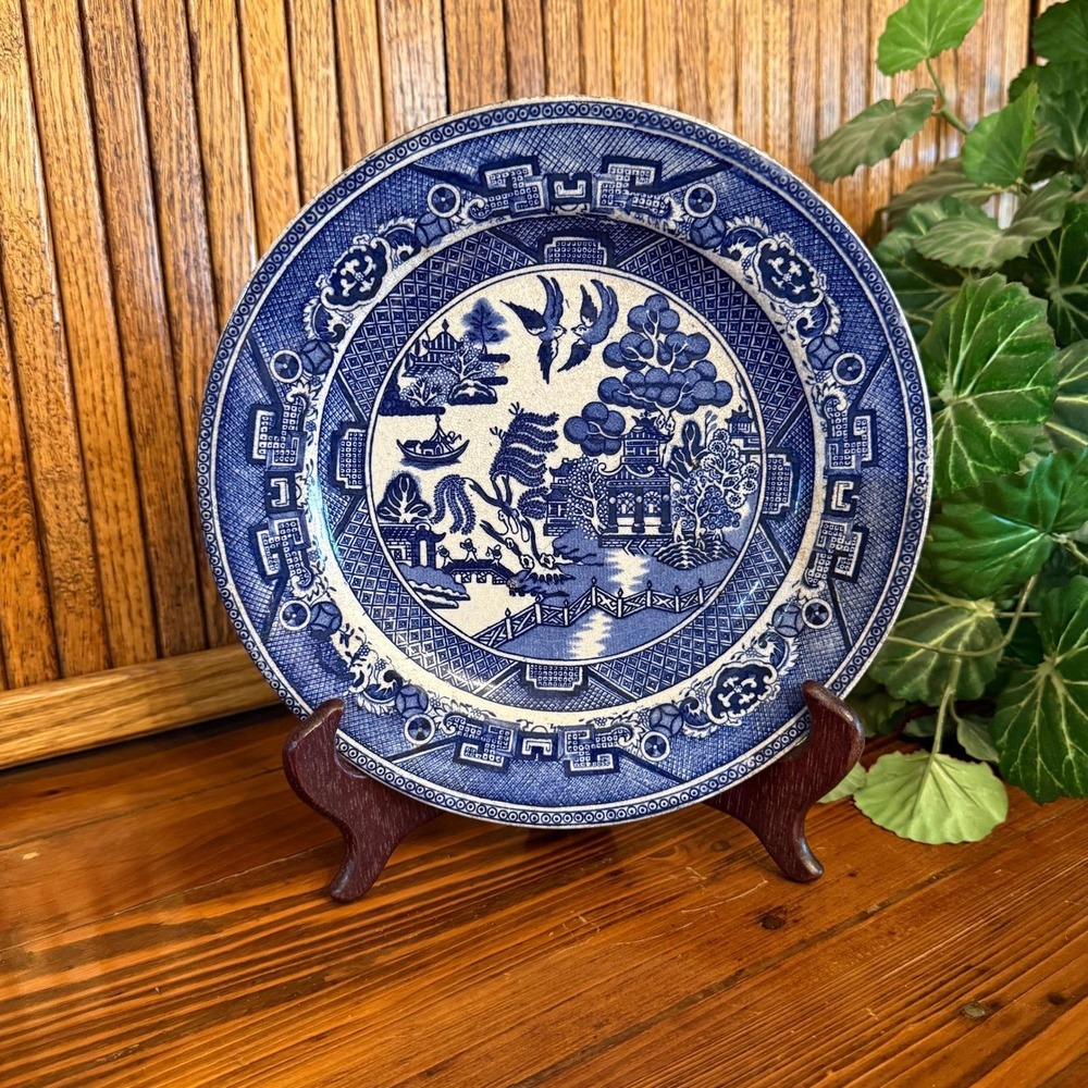Staffordshire Blue Willow Plate England 9.5" Blue White Fair Antique Stone China